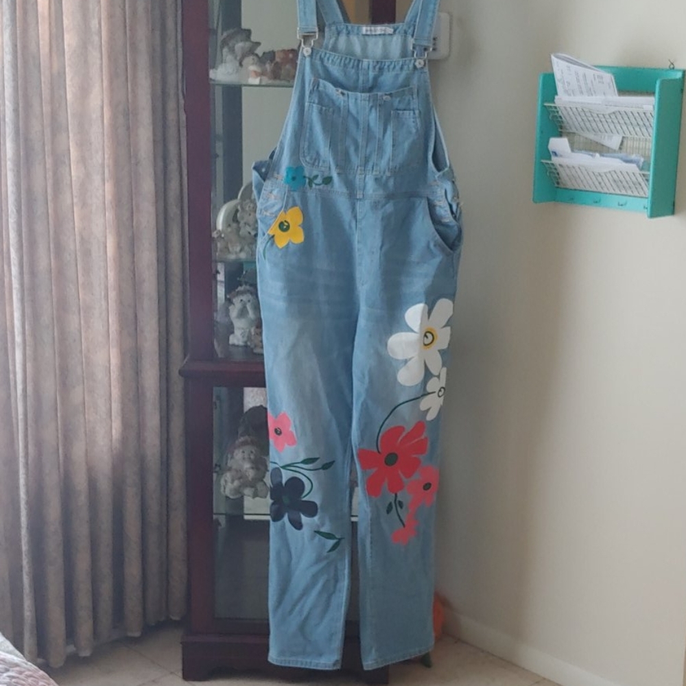 Women Fashion Denim Floal Print Jumpsuit Overalls